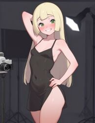 ai_generated beautiful_girl blonde_female flat_chest green_eyes heavenly_body lillie_(pokemon) petite_female pretty_girl seductive_smile sexy sexy_pose short_dress skinny_female slim_female slim_waist slutty_dress slutty_female tempting_viewer