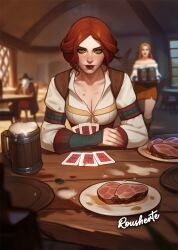 1girl ai_generated cleavage green_eyes looking_at_viewer red_hair rousherte self_upload solo solo_focus tagme tavern tavern_background tavern_wench the_witcher_(series) the_witcher_3:_wild_hunt triss_merigold