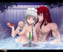 1boy 1girls abs alex-kellar bathing_together blue_eyes blue_ribbons canon_couple demon demon_boy demon_girl grayfia_lucifuge grey_eyes hair_covering_nipples hand_in_water hand_on_shoulder happy happy_couple high_school_dxd hot_spring implied_handjob long_hair long_hair_male maid_headdress married_couple mixed_bathing muscular_male night night_sky onsen red_hair sake_bottle sake_dish sirzechs_lucifer smiling starry_sky steam steam_clouds twin_braids watermark white_fence white_hair