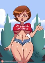 1girls alternate_version_available big_breasts blue_shorts bottomwear breasts brown_eyes brown_hair doomguy_69 eyeshadow female female_only hair half-closed_eyes helen_parr hips light-skinned_female light_skin lips mature mature_female mature_woman milf mother nail_polish nails pink_nail_polish pink_nails pubes pubic_hair pubic_hair_peek red_shirt shirt short_shorts shorts solo solo_female sweat sweatdrop sweaty sweaty_body text_on_clothing the_incredibles thighs thin_waist topwear underboob wide_hips