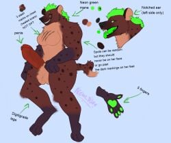 anthro brown_body digital_media_(artwork) digitigrade genitals green_hair gynomorph hair hyena intersex m0chibunz mammal markings model_sheet muscular muscular_gynomorph muscular_intersex muscular_thighs penis scar scars_on_chest sharp_teeth smug_face solo spots spotted_hyena spotted_markings teeth thick_penis tiziri(m0chibunz) vein veiny_penis
