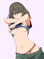 1girls bad_id bad_pixiv_id bare_shoulders blouse blue_eyes blue_shirt blush breasts brown_hair clothes_lift female_focus green_eyes heterochromia highres idolmaster idolmaster_cinderella_girls looking_at_viewer midriff mole mole_under_eye navel panties pink_panties pulling_own_clothes shirt shirt_lift short_hair solo takagaki_kaede underboob underwear undressing