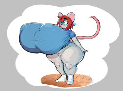anthro big_breasts blue_clothing blue_shirt blue_topwear bottomless bottomless_anthro bottomless_female breasts clothed clothing ear_piercing eyebrows eyewear facial_piercing female fingers footwear genitals glasses green_eyes hair hi_res house_mouse huge_breasts hyper hyper_breasts lip_piercing mammal mouse murid murine piercing red_hair rodent shirt socks solo standing tail text thelazydreamer thick_thighs topwear url vulva
