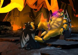 2015 2boys anklet anthro anthro_on_anthro armband black_body black_collar black_fur blue_tongue bowser bracelet canid canine chair collar dated dragon duo erection feet foot_fetish foot_lick fur furniture furry furry_male furry_only gay genitals green_shell grey_body grey_eyes grey_fur grey_wings hair hi_res hufnaar humanoid_genitalia humanoid_penis hybrid inside jewelry kneeling koopa lava legband licking male male/male male_anthro mammal mario_(series) masturbation muscular muscular_anthro muscular_male mythological_creature mythological_scalie mythology nintendo nude open_mouth open_smile overweight overweight_anthro overweight_male penile penile_masturbation penis pink_penis pink_tongue red_eyes red_hair reptile rock scalie shell short_hair side_view signature sitting slim_anthro slim_male smile spiked_anklet spiked_armband spiked_bracelet spiked_legband spiked_shell spikes spikes_(anatomy) throne tongue tongue_out wings yellow_body yuuryuu