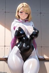 (titancore) ai_generated blonde_hair bodysuit curvy_figure female girl gwen_stacy hair_ornament hero huge_breasts marvel naughty_girl nipples puffy_nipples revealing_clothes seductive_look seductive_smile sexy_body skinsuit spider-man_(series) spider_gwen superhero thick_thighs thigh_clothing