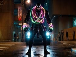 1boy 1male ai_generated alien alien_humanoid balls big_cock big_dick big_penis casual_exposure casual_nudity cock glowstick_bracelet glowstick_necklace looking_at_viewer marvel marvel_comics monster night penis sharp_teeth street venom venom_(marvel)