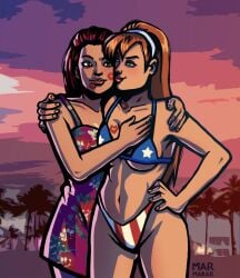 2d 2d_(artwork) 2d_artwork 2girls absurd_res absurd_resolution absurdres after_kiss american_flag_bikini beachside beautiful_women belly breast_press candy_suxxx cleavage dress grand_theft_auto grand_theft_auto:_vice_city hand_on_hip happy_female high_quality high_resolution huge_breasts hugging hugging_partner lesbian_kiss lesbians lipstick lipstick_marks marmakar mature_female mature_females mercedes_cortez navel orange-haired_female orange_hair palm_trees pressing_breasts_together red-haired_female red_lipstick rockstar_games text thong thong_bikini thong_bikini_bottom unbothered violet_hair watermark yuri