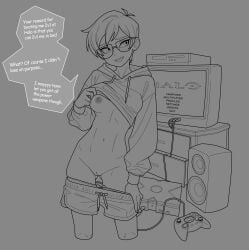 1girl :d absurdres breasts clothes_lift clothes_pull commentary controller cropped_legs english_commentary english_text freckles game_console game_controller glasses greyscale halo_(series) highres hood hood_down hoodie hoodie_lift long_sleeves medium_breasts monochrome navel nayt_layt nipples original penny_whitmore pussy short_hair shorts shorts_pull small_breasts smile solo teeth television uncensored undressing upper_teeth_only xbox_360