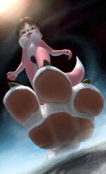 2017 3_toes 5_fingers black_claws breasts canid canine city city_crushing claws crotch_tuft feet female fingers foot_focus fox fur hi_res humanoid_hands imminent_stomp landscape_dwarfing low-angle_view macro mammal nipples nude nude_female pawpads pink_body pink_pawpads solo toes tuft white_body white_fur xtreme7