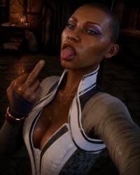 3d ai_generated black_female bratty cleavage dark-skinned_female dark_skin dragon_age dragon_age_inquisition ebony ebony_female middle_finger selfie solo solo_female solo_focus sweat sweating_breasts sweating_female sweaty toned_female tongue_out video_games vivienne_(dragon_age)