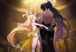 1futa 1girl1futa 1girls after_sex ai_generated animal_ears ass_grab bigger_female black_dress black_hair black_lipstick blonde_hair blue_archive cum curvy curvy_hips dark-skinned_female dark-skinned_sub dark_skin excessive_cum fox_ears futa_on_female futanari huge_ass huge_balls huge_breasts huge_cock karin_(blue_archive) leaking_cum light-skinned_futa light_skin netorare ponytail seia_(blue_archive) size_difference small_breasts small_but_hung small_dom_big_sub smaller_futa sweat tail thick_thighs yellow_dress