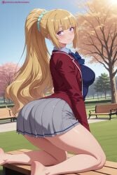 1girl ai_generated ass bangs barefoot blonde_hair blunt_bangs blush breasts classroom_of_the_elite day eyebrows_visible_through_hair feet hair_ornament hair_scrunchie hi_res high_quality high_resolution jacket karuizawa_kei kiraamane large_breasts long_hair looking_at_viewer outdoors patreon pleated_skirt ponytail purple_eyes red_jacket school_uniform scrunchie seductive sexy skirt sky smile solo thighs tree uncensored watermark