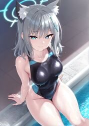 ai_generated animal_ears blue_archive blue_eyes grey_hair halo looking_at_viewer pool shiroko_(blue_archive) shiroko_(swimsuit)_(blue_archive) smile swimsuit thick_thighs thighs wolf_ears