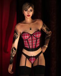 3d 3d_(artwork) absurd_res arm_tattoos bare_shoulders brown-haired_female collarbone corset disinterested emotionless emotionless_female filtered grand_theft_auto grand_theft_auto_online gta_online_female_character hand_on_hip high_quality high_resolution highres indifferent keiran_thompson keiranthompson_(artist) mature_woman navel necklace pinup red_corset red_lipstick short_hair stockings thighhighs thong unbothered uncaring uncaring_female uninterested uninterested_female