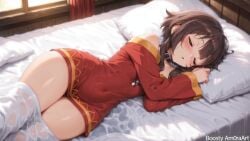 1girl ai_generated amoraart bare_shoulders bed bed_sheet blush breasts brown_hair choker closed_eyes clothes_pull collar covered_navel dress head_on_pillow indoors kono_subarashii_sekai_ni_shukufuku_wo! long_sleeves lying megumin off-shoulder_dress off_shoulder on_bed on_side parted_lips pillow red_dress short_dress short_hair short_hair_with_long_locks sidelocks sleeping solo thighs wet wet_clothes window