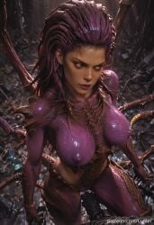 1girl absurdres ai_generated alien alien_girl anime_style armor biomechanical breasts dark_background detailed_background detailed_face digital_art exoskeleton glossy_skin glowing_eyes highres huge_breasts large_breasts long_hair lui_bei monster_girl oiled_skin organic_armor purple_hair purple_skin queen_of_blades realistic sarah_kerrigan shiny_skin solo starcraft starcraft_2 sweat sweatdrop tentacle_hair tentacles uncensored wet yellow_eyes zerg
