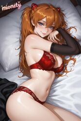 1girl ai_generated alternate_breast_size artist_name bare_shoulders bed bed_sheet black_gloves blue_eyes blush border bra breasts bridal_gauntlets brown_hair character_name cleavage closed_mouth cowboy_shot detached_sleeves elbow_gloves evangelion gloves grey_border hair_between_eyes hair_ornament interface_headset lace lace-trimmed_bra lace-trimmed_panties lace_trim large_breasts lingerie lips long_hair looking_at_viewer lying medium_breasts mionety navel neon_genesis_evangelion on_bed on_side orange_hair panties pillow red_bra red_panties shiny_skin sideboob signature smile solo souryuu_asuka_langley stomach thighs two_side_up underwear underwear_only