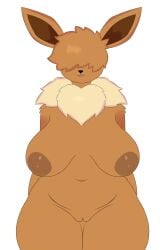 anthro big_breasts blep breasts brown_body brown_fur crispynecro eevee female fur generation_1_pokemon genitals hair hair_over_eyes hi_res mammal neck_tuft nintendo nipples pokemon pokemon_(species) sandy_(eevee) solo tongue tongue_out tuft vulva