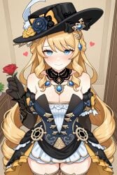 1female 1girls 1human 1woman ai ai_generated armwear black_armwear black_hat black_neckwear blonde blue_eyes blue_jewelry blush breasts clothed clothed_female clothes clothing dress embarrassed embarrassed_expression embarrassed_female female female_only flower flower_in_hand fontaine fontaine_girls frosting.ai genshin_impact hat hearts hearts_around_head holding_flower holding_object house hoyoverse human human_only in_love in_love_with_viewer inside_house jewelry legs_together legwear living_room livingroom long_hair looking_at_viewer mihoyo navia navia_(genshin_impact) neckwear nervous nervous_expression nervous_face nervous_female nervous_smile non-nude normal_breasts ornament_earrings red_flower sfw shy shy_smile skirt solo standing thick_thighs thighs white_skirt woman woman_only woman_solo