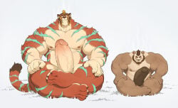 2025 absurd_res anthro armor bear beard big_penis brown_body brown_fur claws countershade_torso countershading crossed_legs duo eyes_closed facial_hair fangs felid finger_claws fur genitals giant_panda gloves_(marking) grass headgear headgear_only helmet helmet_only hi_res huge_penis larger_anthro larger_male male mammal markings meditation musclegut muscular muscular_anthro muscular_male pantherine pecs penis penis_size_difference plant red_body red_fur sabertooth_(anatomy) simple_background sitting sitting_on_ground size_difference smaller_anthro smaller_male striped_body striped_fur stripes tail tan_body tan_countershading tan_fur teal_stripes teeth tiger toe_claws white_background zne43