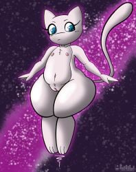 anthro female flat_chested fur generation_1_pokemon genitals hi_res legendary_pokemon mew_(pokemon) mythical_pokemon nintendo nipples paws pink_body pink_fur pokemon pokemon_(species) solo space tail teknomekanoid tuft vulva