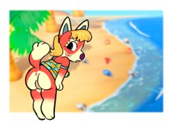 2023 animal_crossing anthro audie_(animal_crossing) blonde_hair border bottomwear butt canid canine canis chibi clothing dress female fluffy food_print fruit_print fur genitals hair mammal nintendo nude peachy_bat pineapple_print plant_print presenting presenting_hindquarters raised_tail red_wolf scenery solo tail tail_fluff teal_clothing teal_dress vulva white_border wolf