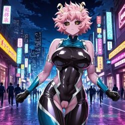 1girl ai_assisted ai_generated armor bare_shoulders black_bodysuit black_sclera city cityscape clouds cowboy_shot crotchless curvy dark_theme detailed_pussy dynamic_lighting elbow_gloves fishnets gloves high_contrast horns jogging kagami_hirotaka koukawa_oboro looking_at_viewer mina_ashido my_hero_academia neon_lights night night_sky outdoors park pink_hair pink_skin short_hair soft_shading sweat taimanin_asagi_zero taimanin_suit thigh_gap track_pants u.a._gym_uniform visible_pussy yellow_eyes