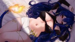 aori_(aori.chu) bed big_boobs big_breasts blue_hair blush blushing blushing_at_viewer boob_window crescent_hair_ornament dragon_girl dragon_tail earrings hair_between_eyes hair_ornament hands_up indie_virtual_youtuber inviting laying_on_back laying_on_bed light-skinned_female long_hair looking_at_viewer mole non_nude red_eyes shorts tail_flame thighs tummy vienna_(vtuber) virtual_youtuber