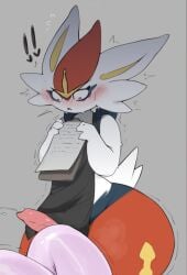 apron apron_only biped blush bodily_fluids cinderace clothing fur generation_8_pokemon genital_fluids genitals holding_object male multicolored_body multicolored_fur nintendo orange_body orange_fur penis pokemon pokemon_(species) precum standing thick_thighs vilf white_body white_ears white_fur yellow_inner_ear