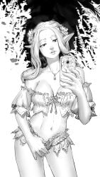 abstract_background druid dungeons_and_dragons elf elf_ears elf_female fantasy flirting flower_in_hair flower_on_head ginny_di lace lace_trim long_hair medium_breasts midriff miniskirt monochrome necklace phone pinup seductive selfie skimpy skimpy_clothes skirt teasing warlock