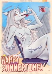 absurd_res anthro areola beach breasts cavemanon_studios cherry dinosaur eating_fruit elbow_feathers fang_(gvh) feathered_dinosaur feathered_scalie feathers female food fruit goodbye_volcano_high grey_areola grey_body grey_hair grey_nipples hair hi_res kettamini ko_op_(game_developer) navel nipples nude nude_beach nude_female open_wings orange_eyes pinup plant pose poster prehistoric_species pterodactylus pterosaur rehikir reptile scalie short_tail sitting small_breasts smile smiling_at_viewer snoot_game snout solo summer tail tongue tongue_out