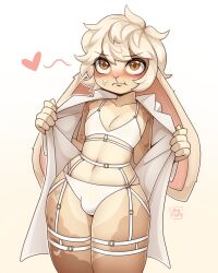 5_fingers anthro blonde_hair blush bra brown_eyes brown_markings clothed clothing collarbone colored crossdressing digital_drawing_(artwork) digital_media_(artwork) ears_down embarrassed fingers fur garter_belt garter_straps hair heart_(marking) heart_symbol hi_res javafluffy lagomorph leporid looking_up male mammal markings navel open_clothing panties pivoted_ears rabbit shaded short_hair solo spots spotted_markings tan_body tan_fur underwear white_bra white_clothing white_panties white_underwear