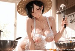 1girl ada_wong ai_generated apron bangs bare_shoulders black_hair blush bowl breasts brown_eyes cleavage collarbone cream egg food grin hat holding indoors kermixx kitchen large_breasts looking_at_viewer naked_apron nipples resident_evil see-through short_hair smile solo straw_hat whisk white_apron