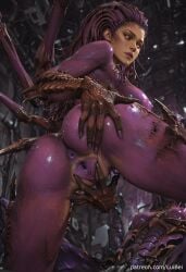 1girl absurdres ai_generated alien anime_style armor ass_focus biomechanical breasts detailed_background detailed_face digital_art exoskeleton from_behind from_below glossy_skin glowing_eyes hand_on_ass highres huge_ass huge_breasts large_breasts long_hair looking_back lui_bei oiled_skin organic_armor purple_hair purple_pussy purple_skin queen_of_blades realistic sarah_kerrigan shiny_skin solo spikes spread_pussy starcraft starcraft_2 sweat sweatdrop tentacle_hair thick_thighs uncensored vagina viewed_from_below wet yellow_eyes zerg