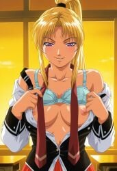 1girls academy_uniform_(bible_black) after_sex ai_generated bare_legs bible_black bible_black_only big_breasts blonde_hair blush bra bra_lift breasts classroom clothing curvaceous curvy curvy_body curvy_female curvy_figure dressing dressing_up facing_viewer faithful_to_the_anime female female_focus female_only front_view high_resolution horny horny_female indoors kazsam naughty naughty_face naughty_girl necktie parted_bangs purple_eyes saeki_kaori school_uniform schoolgirl shirt sidelocks skirt solo solo_focus spread_legs suspenders teenage_female teenager uncensored underwear upper_body vest yellow_hair