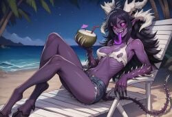 1girls ai_generated barbed_tail beach beach_chair bikini black_hair black_sclera breasts chair claws clothed clothes clothing coconut coconut_drink daisy_dukes demon demon_girl denim_shorts emaciated female glowing_eyes goat_eyes hooves horns horror horror_(theme) long_hair long_tongue medium_breasts messy_hair monster_girl ocean original original_character otta_(paigen) paigen pointy_ears pointy_tail purple_eyes purple_skin purple_tongue ribs ripped_clothing sharp_nails sharp_teeth shorts skinny spikes swimsuit tail tattered_clothing unkempt unusual_eyes water