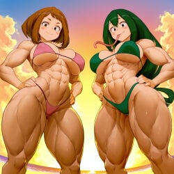 abs ai_generated beach boku_no_hero_academia brown_eyes brown_hair buff_female female green_bikini green_eyes green_hair hands_on_hips long_hair looking_at_viewer muscular_female muscular_thighs my_hero_academia ochako_uraraka pink_bikini seductive_look short_hair smile smiling_at_viewer sunset tongue tongue_out tsuyu_asui