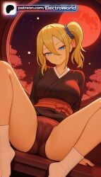 1girl 1girls 2026 ai_generated artist_name blue_eyes blue_scrunchie crescent_moon electroworld full_moon hair_ornament hair_scrunchie hayasaka_ai hi_res high_quality high_resolution highres japanese_clothes kaguya-sama_wa_kokurasetai_~tensai-tachi_no_renai_zunousen~ kimono legs_apart legs_spread moon night night_sky open_legs patreon patreon_username red_moon red_sky scrunchie side_ponytail sky smile socks solo splayed_legs spread_legs stable_diffusion star_(sky) starry_sky torii watermark