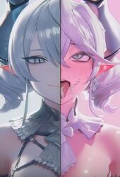 :) ahe_gao ai_generated blush closed_mouth cum cum_in_mouth cum_on_face demon demon_girl demon_horns dress drooling duel_monster earrings expressionless horns labrynth_of_the_silver_castle light_skin looking_at_viewer looking_up lovely_labrynth_of_the_silver_castle multiple_expressions multiple_girls necktie pleasure_face pointy_ears princess pubic_hair pubic_hair_in_mouth queen rolling_eyes saliva silver_eyes smile solo split_image standing sweat sweatdrop tongue twin_drills twintails white_hair yu-gi-oh!