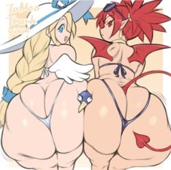 1boy 2girls ass blue_eyes commentary_request disgaea etna flonne highres huge_ass mini_wings multiple_girls prinny red_hair request tagme tail wings zombieskick