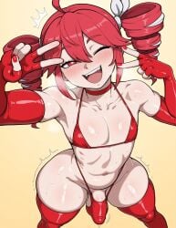 1boy ai_generated bikini bikini_bottom bikini_top blush drill_hair elbow_gloves feet_out_of_frame femboy foursixteen_404 genderswap genderswap_(ftm) gloves hair_ribbon heavy_breathing kasane_teto kasane_teto_(sv) long_hair looking_at_viewer male male_only navel one_eye_closed open_mouth penis penis_under_clothes red_eyes red_hair revealing_clothes rule_63 sweat sweatdrop synthesizer_v thick_thighs thighhighs trap utau v_sign
