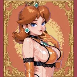 1girls ai_generated beautiful bikini_top blue_eyes bra breasts cleavage crown earrings elbow_gloves eyelashes female female_only gloves hand_up human human_only lace lace-trimmed_bra lace_trim large_breasts latex latex_clothing light-skinned_female light_skin lingerie looking_at_viewer mario_(series) mouth_open nintendo orange_clothing orange_hair panties perky_breasts pixel pixel_art princess princess_daisy royalty shiny shiny_clothes shiny_skin shoulder_length_hair sideboob tight_clothing wet wet_body wet_breasts zibuai