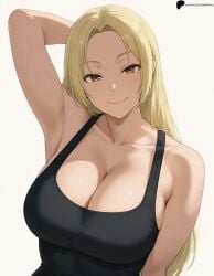 1girl 1girls ai_generated arm_at_side arm_behind_head armpit_crease armpits bare_shoulders black_tank_top blonde_hair breasts brown_eyes cleavage closed_mouth collarbone crop_top hi_res high_quality high_resolution highres jujutsu_kaisen large_breasts light lips long_hair looking_at_viewer nose opal_nemy patreon_logo patreon_url patreon_username plain_background self_upload shadow shiny shiny_hair shiny_skin simple_background smile solo tank_top tsukumo_yuki_(jujutsu_kaisen) watermark white_background yuki_tsukumo