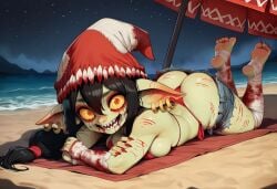 1girls ai_generated bandages beach bikini black_hair bleeding blood bloodshot_eyes breasts cuts daisy_dukes denim_shorts earrings female goblin goblin_female green_skin hair_tie hair_tied hat horror horror_(theme) jewelry large_ears long_hair medium_breasts monster_girl ocean original original_character paigen patchwork_clothes pepper_(paigen) pointy_ears ponytail red_eyes red_hat red_nails red_nipples red_toenails redcap ripped_ear scratches sharp_nails sharp_teeth sharp_toenails short_female shorts swimsuit teeth torn_ears towel water wrappings yellow_sclera