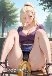 1girl ai_generated bench black_panties blonde_hair blue_eyes blue_skirt blush boruto:_naruto_next_generations breasts cleavage collarbone day denim denim_skirt hair_ornament hair_over_one_eye hairclip high_heels ino_yamanaka large_breasts long_hair looking_at_viewer naruto naruto_(series) naruto_shippuden naughtygirlsai outdoors panties park parted_lips peeing ponytail shirt sitting skirt solo spread_legs strappy_heels sweat thighs toes tree underwear