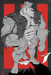 2021 5_fingers anthro balls big_muscles bottomless canid canine canis claws clothed clothing erection fingers genitals grin hi_res high-angle_view huge_muscles humanoid_genitalia humanoid_hands humanoid_penis looking_at_viewer male mammal muscular muscular_anthro muscular_male penis plantigrade smile solo standing tattoo thymilph topwear torn_clothing vein veiny_muscles veiny_penis vest wolf