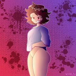 1girl 2d alice_(fundamental_paper_education) almost_naked belly big_ass big_butt black_lace blushing brown_hair fundamental_paper_education large_shirt naughty_smile nyrezu red_eyes sharp_teeth thicc thicc_thighs thick_thighs tiara vagina vagina_exposed