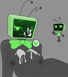 1girls antennae big_breasts bow bowtie cum_on_breasts cum_on_face dandy's_world dandys_world green_eyes laying_down looking_at_viewer reference_image roblox robot screen_face tornedpaper tv tv_head vee_(dandy's_world)