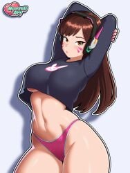 1girls animal_print arms_up artist_name bangs blush breasts brown_eyes brown_hair clothing crop_top cropped_shirt d.va facial_mark female female_only female_torso human large_breasts light-skinned_female light_skin linea_alba lips long_hair long_sleeves medium_breasts midriff nail_polish navel no_bra no_pants nyazuliart overwatch pantsu pink_lips pink_panties shirt solo stomach swept three-quarter_portrait underboob underwear whisker_markings wide_hips