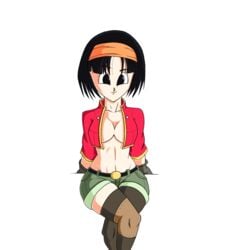 black_eyes black_hair dragon_ball dragon_ball_gt dragon_ball_heroes female green_shorts pan_(dragon_ball) reciodb red_shirt sitting_down super_dragon_ball_heroes topless xeno_pan